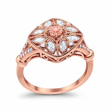Art Deco Ring Marquise Filigree Rose Tone, Simulated Morganite CZ 925 Sterling Silver